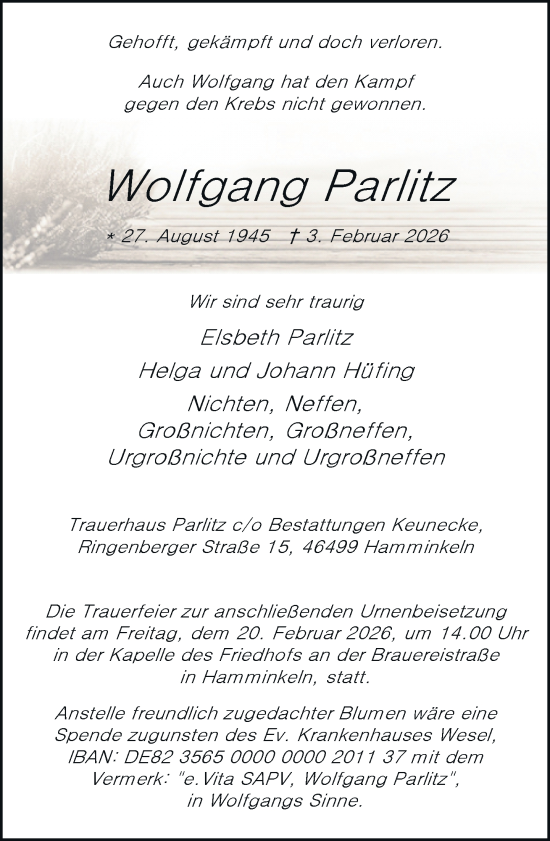 Todesanzeige von Wolfgang Parlitz von Rheinische Post