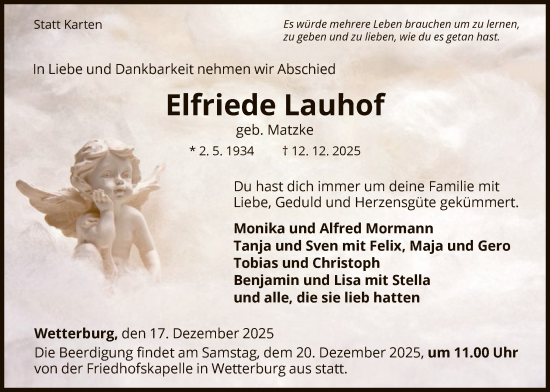 Todesanzeige von Elfriede Lauhof von WLZ