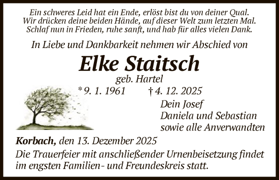 Todesanzeige von Elke Staitsch von WLZ
