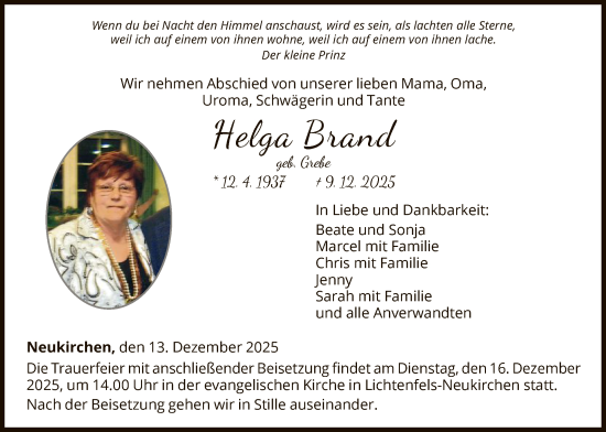 Todesanzeige von Helga Brand von WLZ