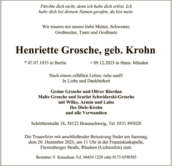 Todesanzeige von Henriette Grosche von WLZ