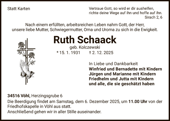 Todesanzeige von Ruth Schaack von WLZ