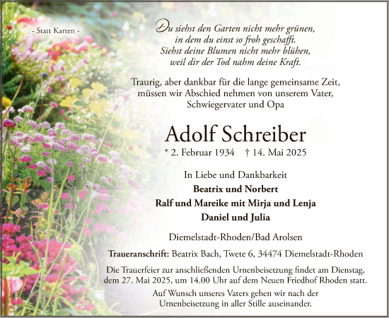 Todesanzeige von Adolf Schreiber von WLZ