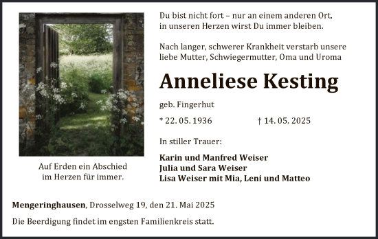 Todesanzeige von Anneliese Kesting von WLZ