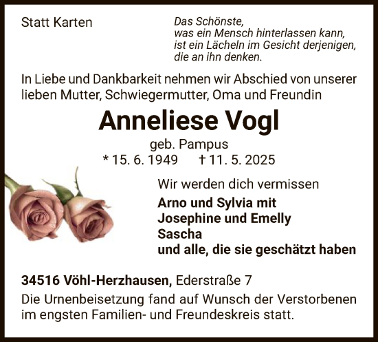 Todesanzeige von Anneliese Vogl von WLZ