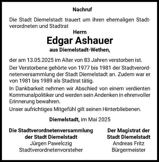 Todesanzeige von Edgar Ashauer von WLZ