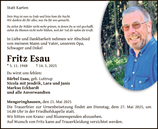 Todesanzeige von Fritz Esau von WLZ