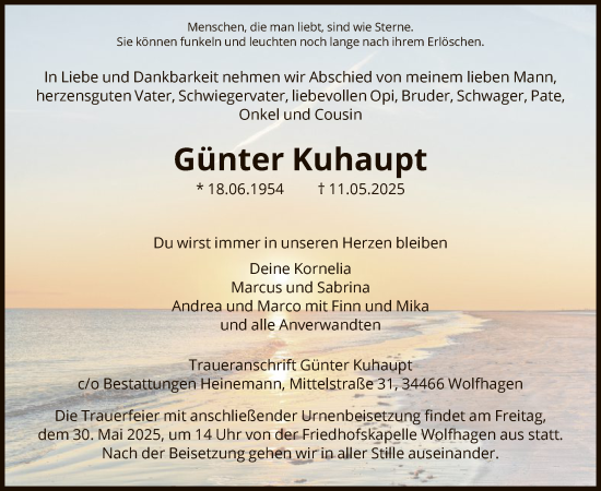 Todesanzeige von Günter Kuhaupt von HNAWLZ