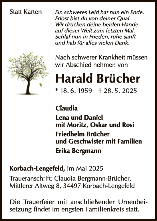 Todesanzeige von Harald Brücher von WLZ