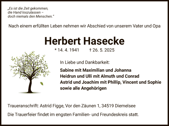 Todesanzeige von Herbert Hasecke von WLZ