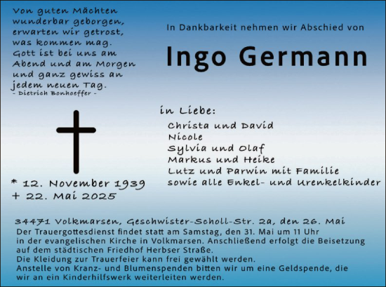 Todesanzeige von Ingo Germann von WLZ