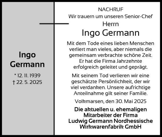 Todesanzeige von Ingo Germann von WLZ