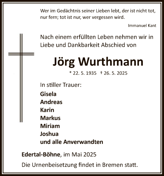Todesanzeige von Jörg Wurthmann von WLZ