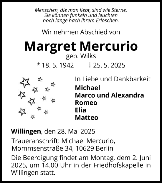 Todesanzeige von Margret Mercurio von WLZ