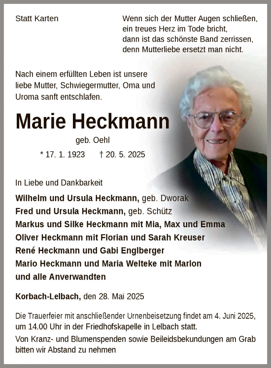 Todesanzeige von Marie Heckmann von WLZ