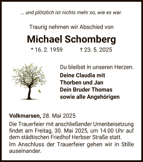 Todesanzeige von Michael Schomberg von WLZ