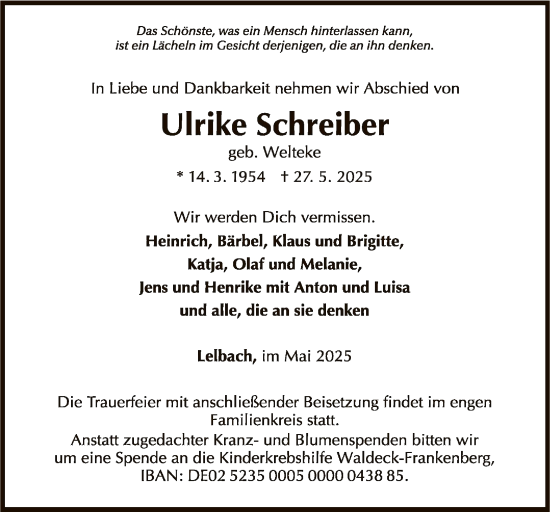 Todesanzeige von Ulrike Schreiber von WLZ