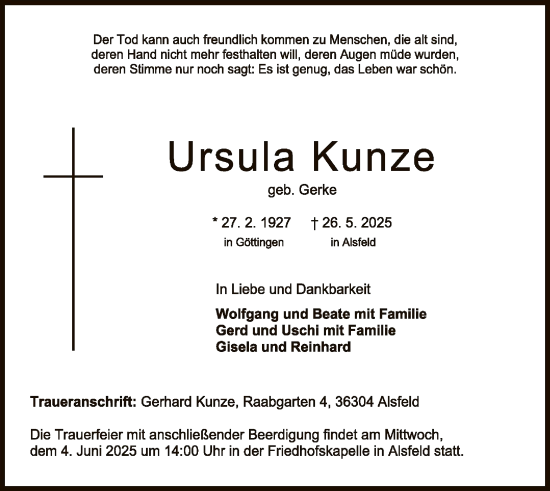 Todesanzeige von Ursula Kunze von WLZ