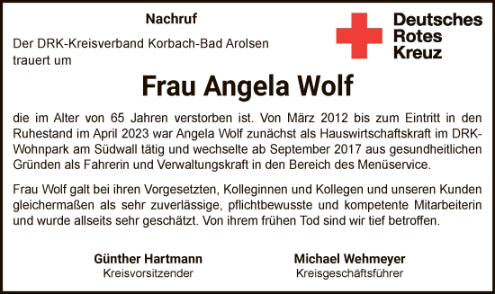 Todesanzeige von Angela Wolf von WLZ
