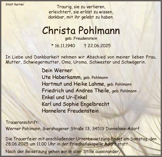 Todesanzeige von Christa Pohlmann von WLZ