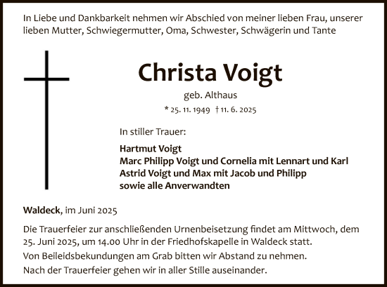Todesanzeige von Christa Voigt von WLZ