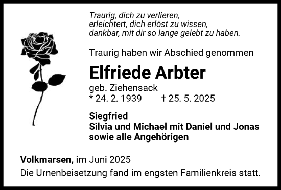 Todesanzeige von Elfriede Arbter von WLZ