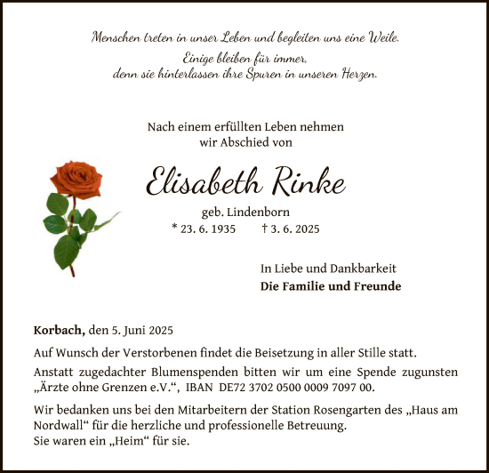 Todesanzeige von Elisabeth Rinke von WLZ