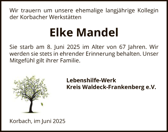 Todesanzeige von Elke Mandel von WLZ