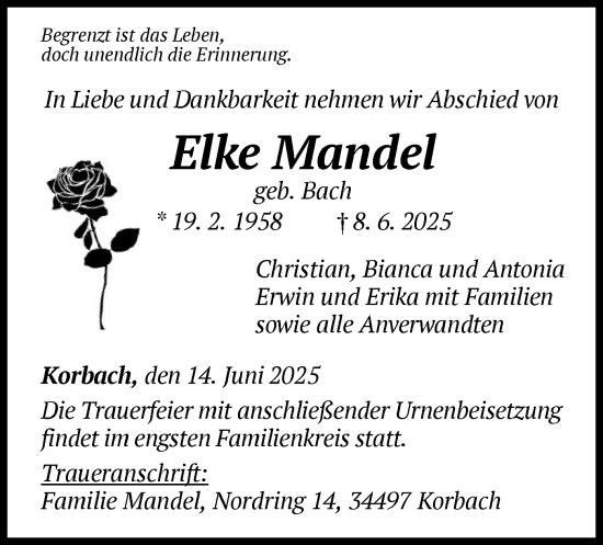 Todesanzeige von Elke Mandel von WLZ