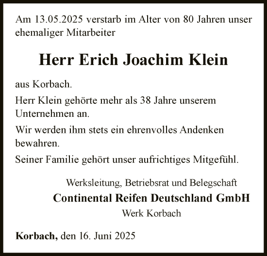 Todesanzeige von Erich Joachim Klein von WLZ