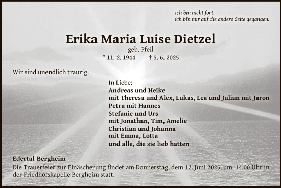 Todesanzeige von Erika Maria Luise Dietzel von WLZ