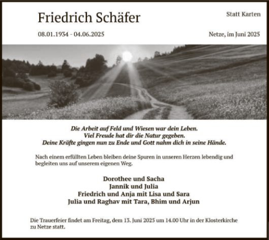 Todesanzeige von Friedrich Schäfer von WLZ