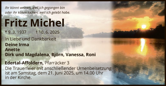 Todesanzeige von Fritz Michel von WLZ