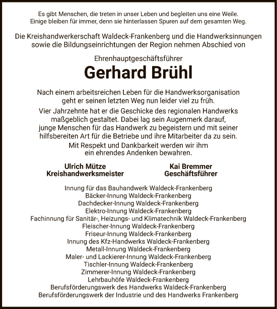 Todesanzeige von Gerhard Brühl von HNAWLZ