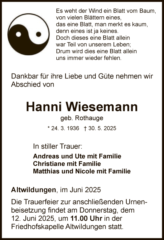 Todesanzeige von Hanni Wiesemann von WLZ
