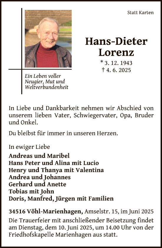 Todesanzeige von Hans-Dieter Lorenz von WLZ