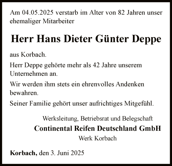 Todesanzeige von Hans Dieter Günter Deppe von WLZ