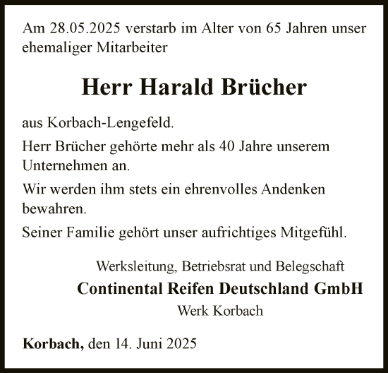 Todesanzeige von Harald Brücher von WLZ