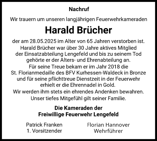 Todesanzeige von Harald Brücher von WLZ