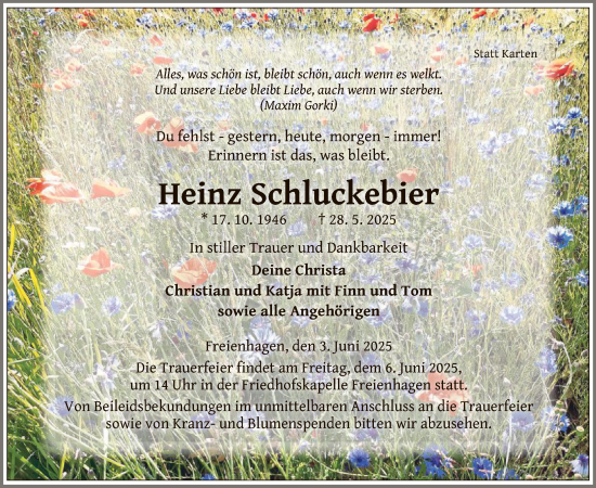 Todesanzeige von Heinz Schluckebier von WLZ