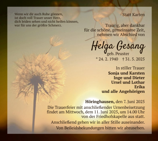 Todesanzeige von Helga Gesang von WLZ