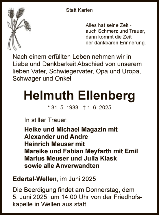 Todesanzeige von Helmuth Ellenberg von WLZ