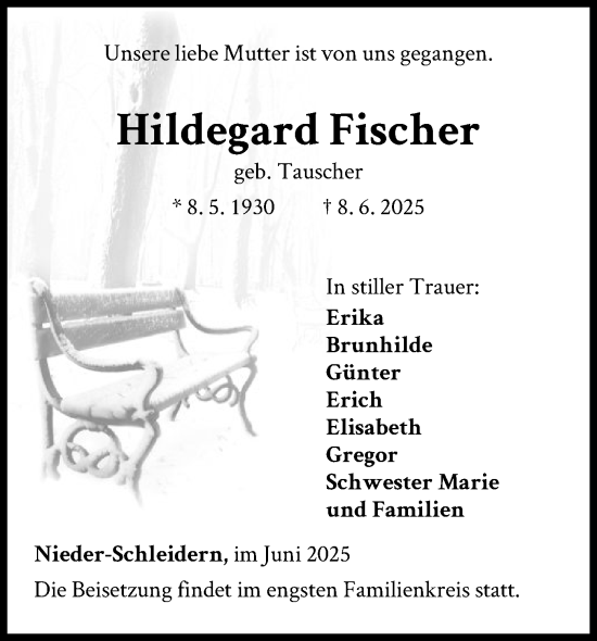Todesanzeige von Hildegard Fischer von WLZ