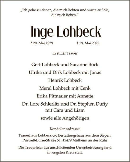 Todesanzeige von Inge Lohbeck von WLZ