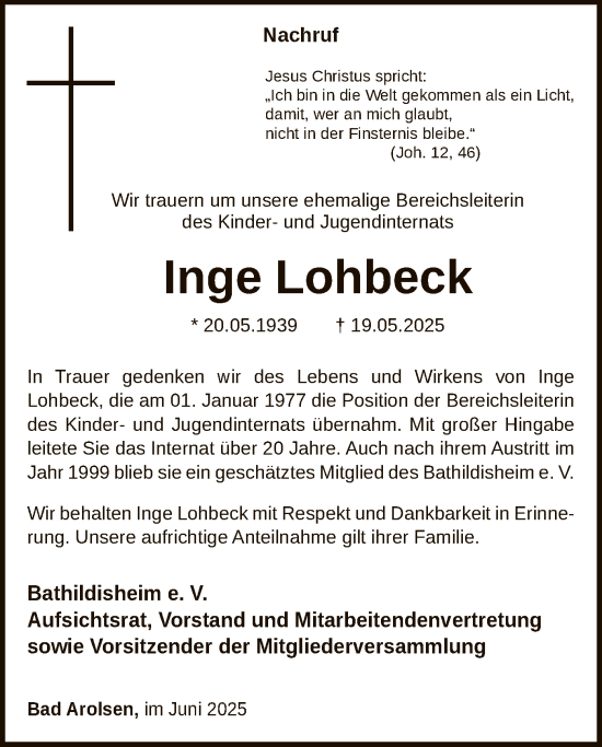 Todesanzeige von Inge Lohbeck von WLZ
