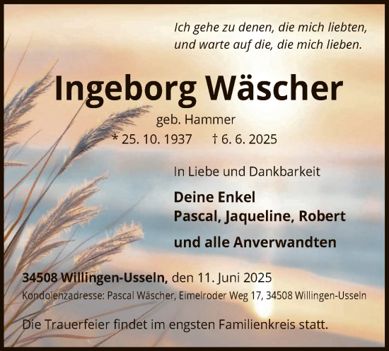 Todesanzeige von Ingeborg Wäscher von WLZ