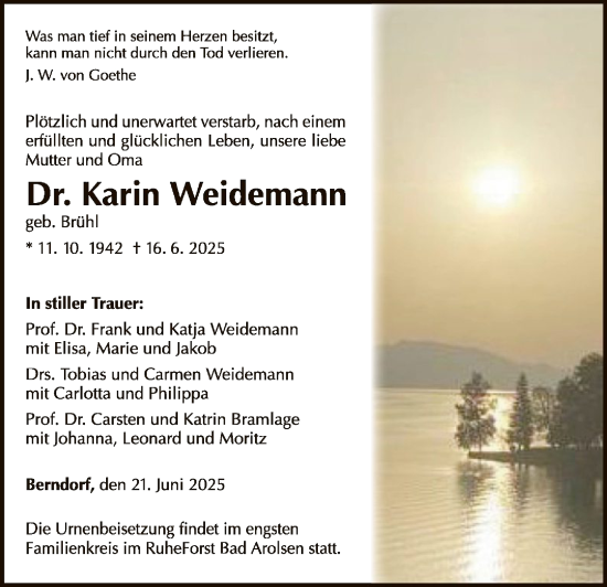 Todesanzeige von Karin Weidemann von WLZ
