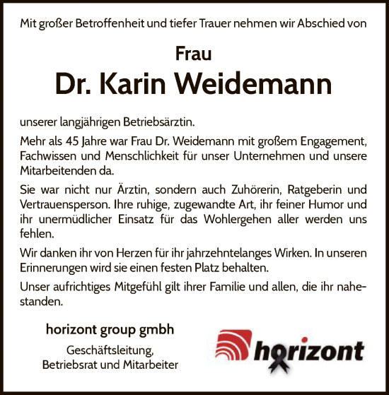 Todesanzeige von Karin Weidemann von WLZ
