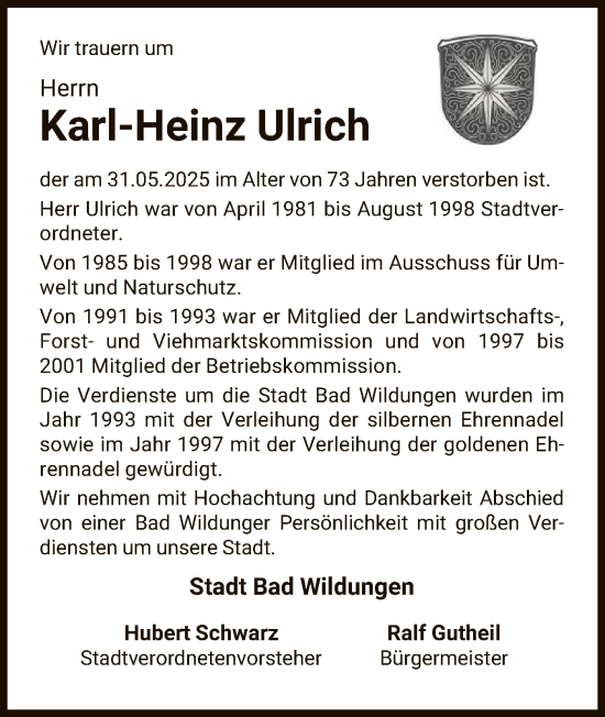 Todesanzeige von Karl-Heinz Ulrich von WLZ