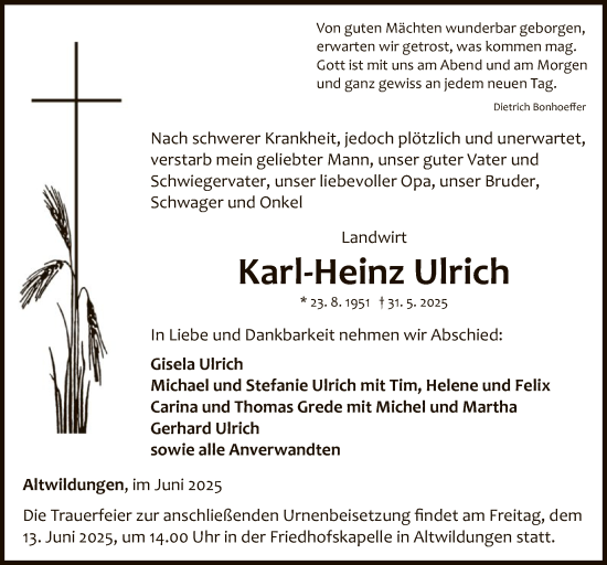 Todesanzeige von Karl-Heinz Ulrich von WLZ